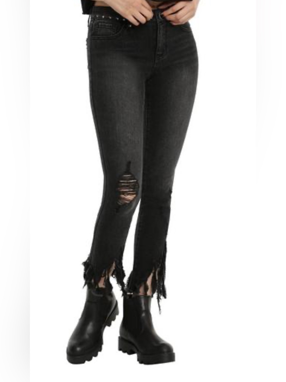 Hidden High-Rise Black Distressed Skinny Jeans with Frayed Hem